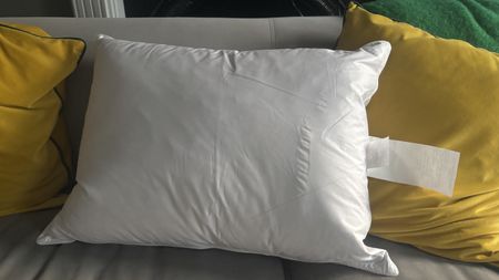 Helix Down & Feather Pillow on a grey couch with bright green cushions. 