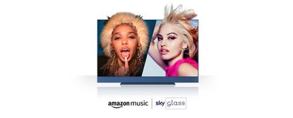 A promo shot for the Amazon Music app on Sky TV, featuring two artist on a white background