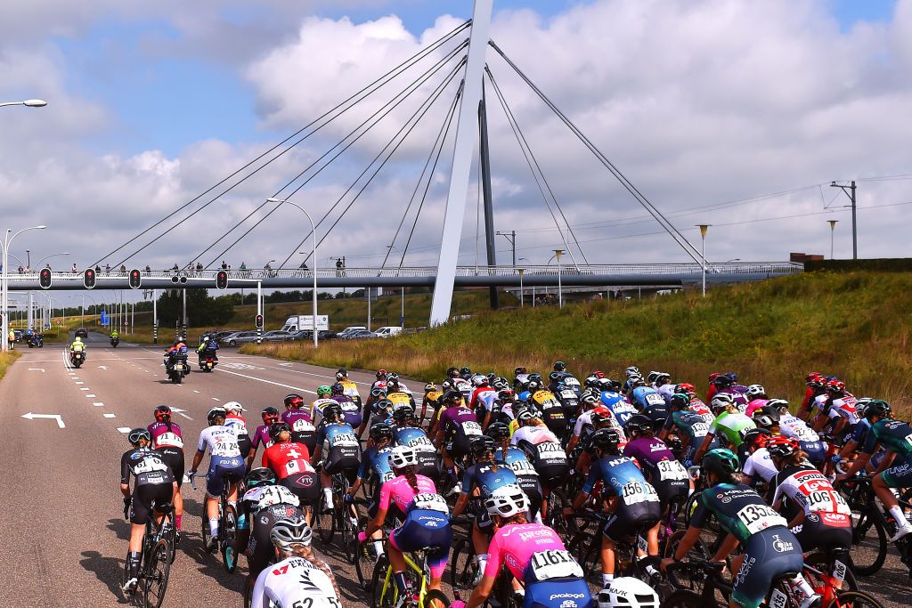 HARDENBERG NETHERLANDS AUGUST 25 A general view of the peloton during the 23rd Simac Ladies Tour 2021 Stage 1 a 1344km stage from Zwolle to Hardenberg SLT2021 UCIWWT on August 25 2021 in Hardenberg Netherlands Photo by Luc ClaessenGetty Images