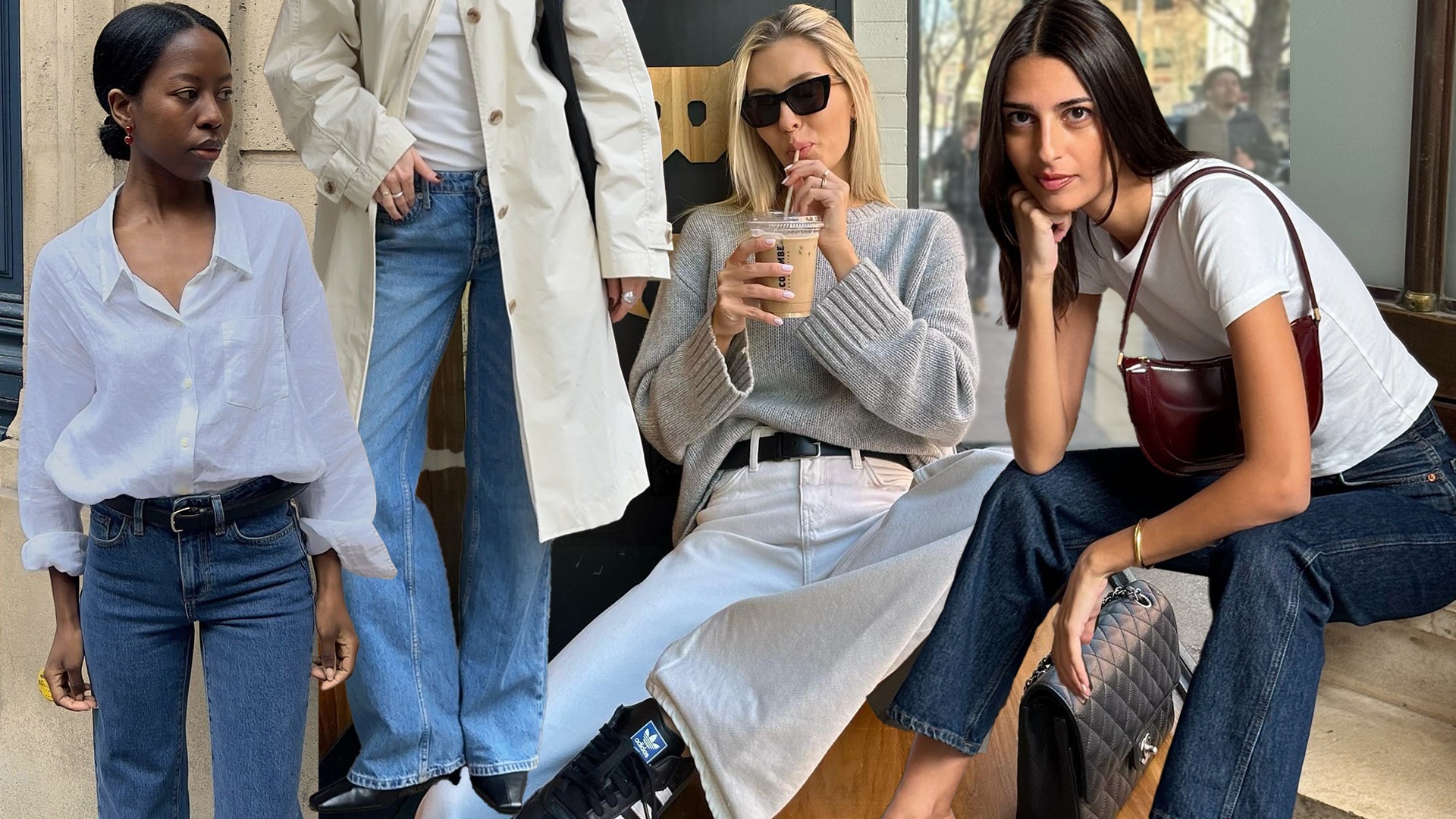 fashion collage of style influencer Sylvie Mus, Chloe Butler, Fredrik Galgano and Salome Mory wearing chic spring 2026 outfit ideas with jeans