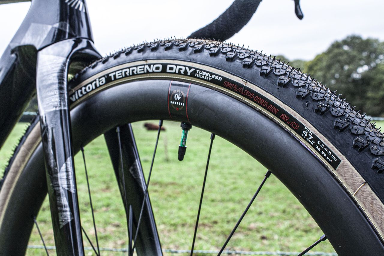 Detail of the Vittoria Terreno T30 47mm tyres