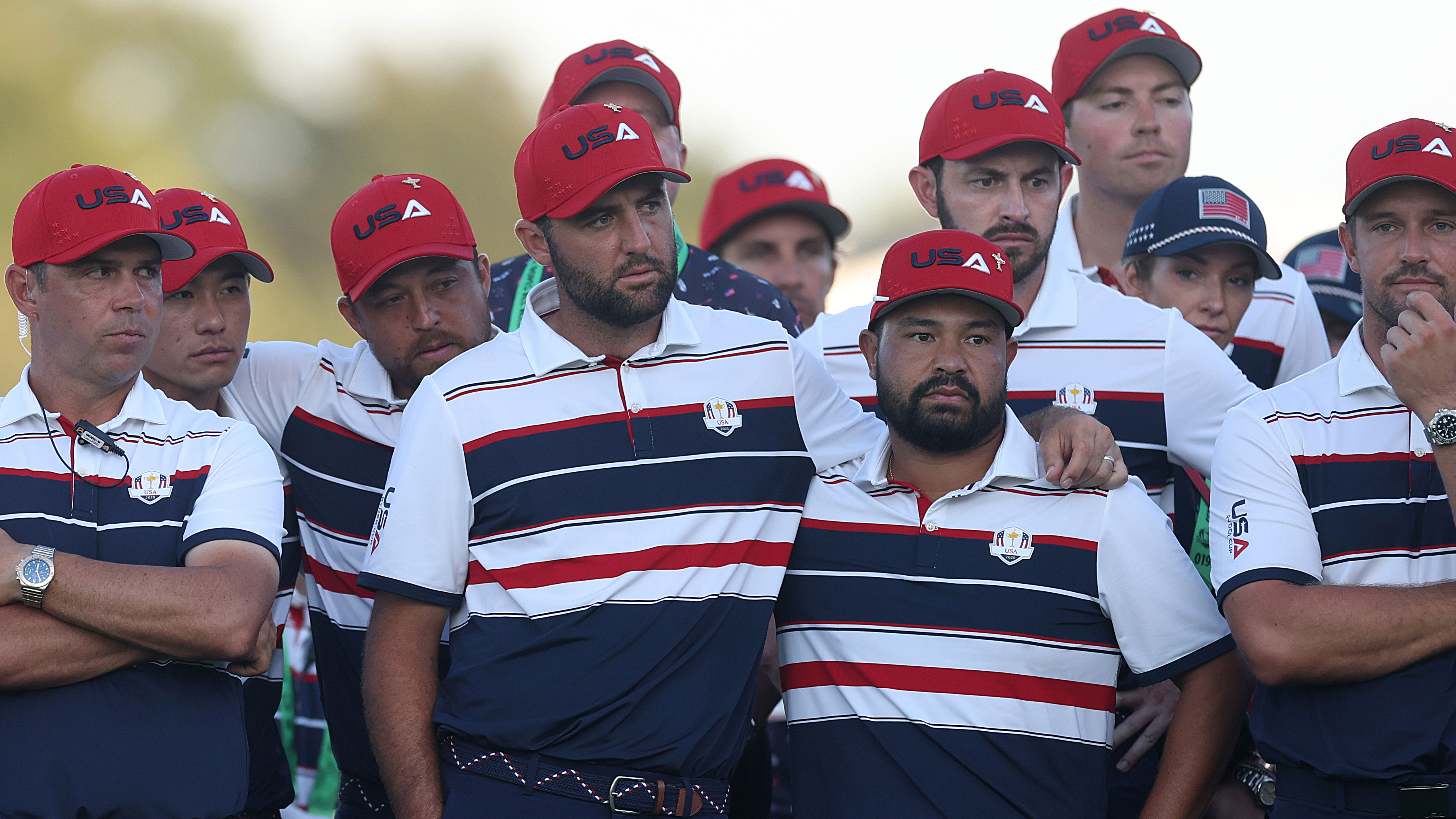 members of the USA Ryder Cup team looking disappointed 