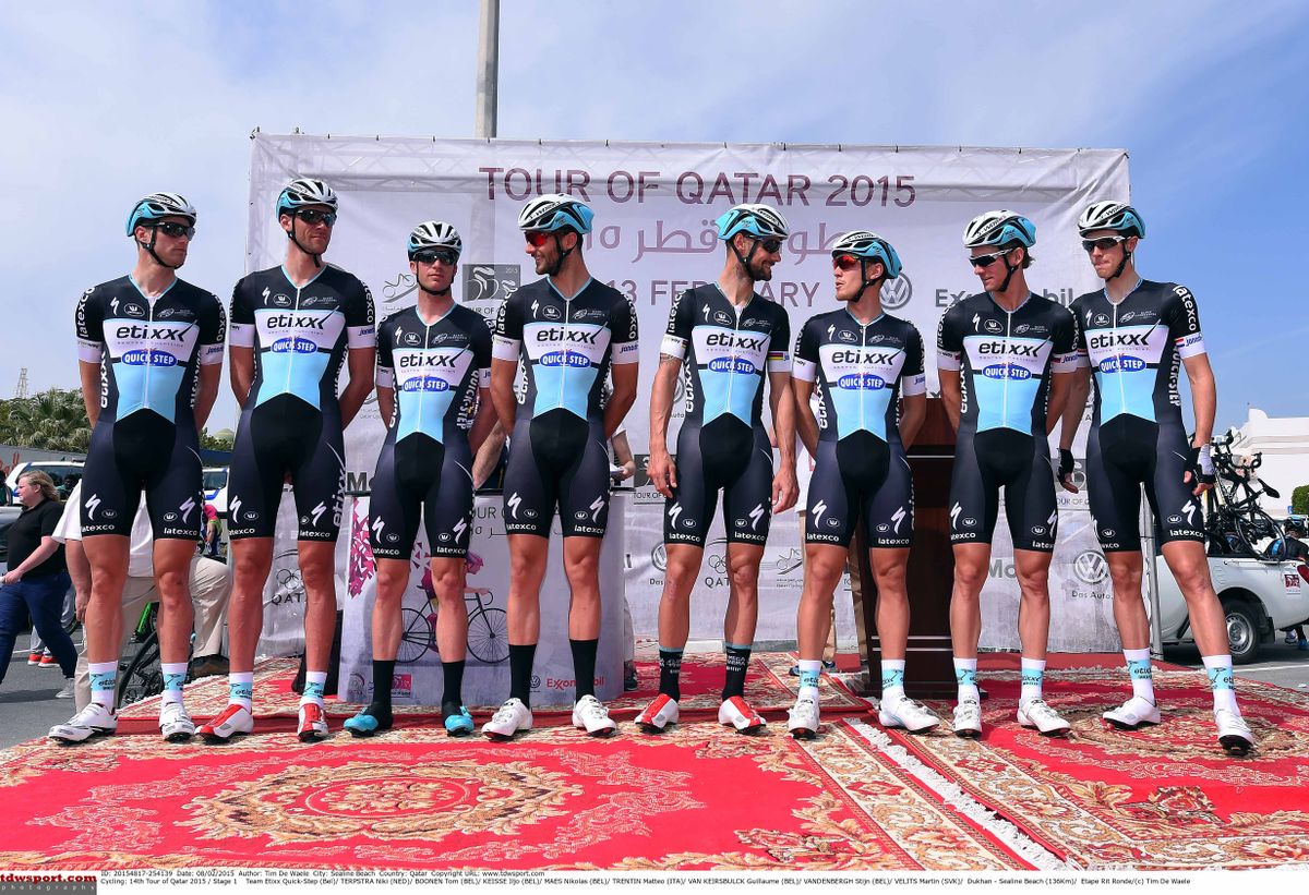 The Etixx-QuickStep team lines up at the Tour of Qatar.