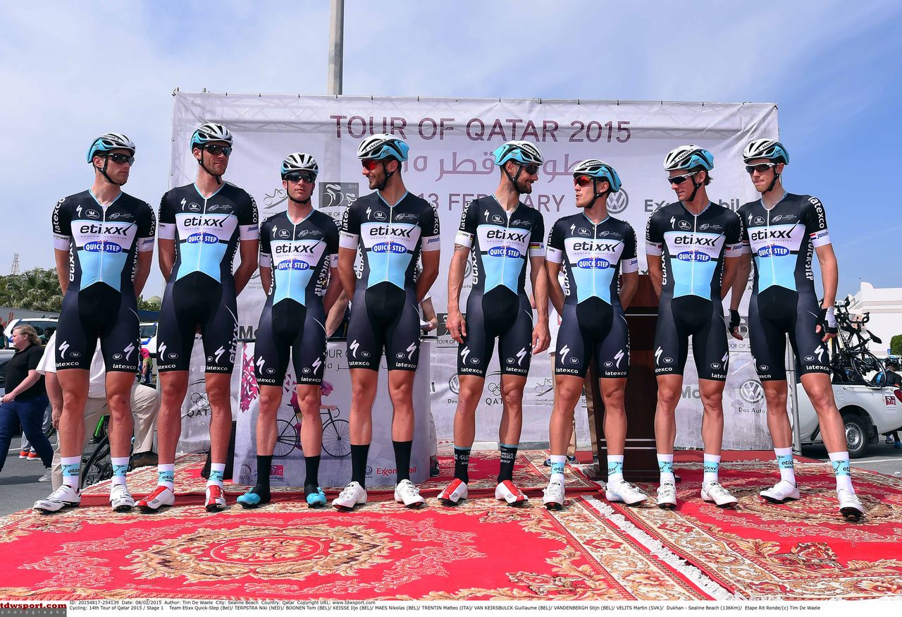 The Etixx-QuickStep team lines up at the Tour of Qatar.
