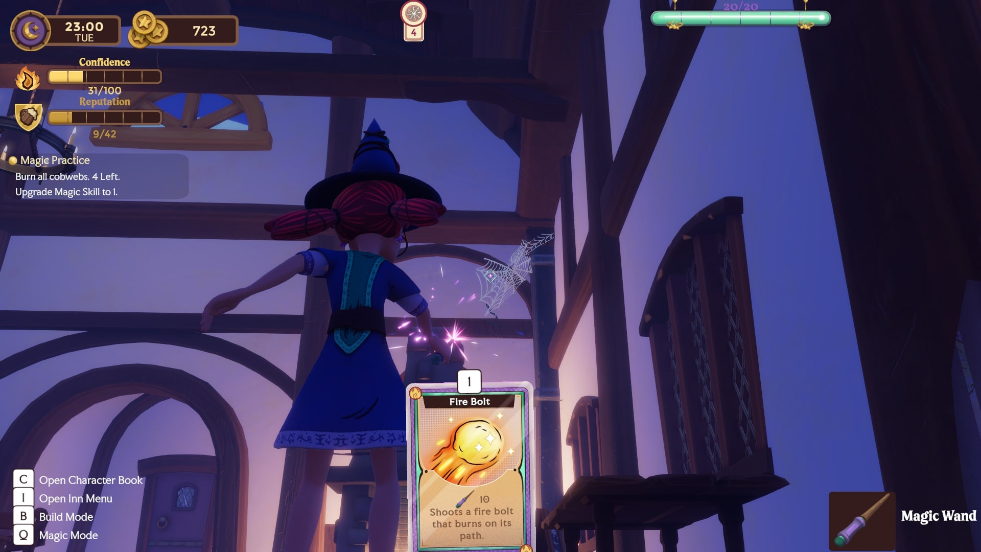 Magic Inn Early Access screenshot of Summer the witch casting Fire Bolt at a cobweb in a dark tavern