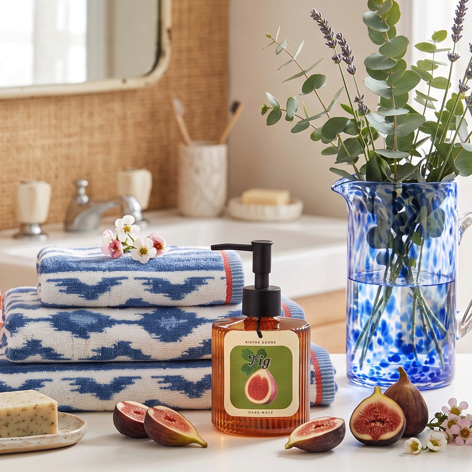 a bathroom with a stack of towels, soap and a jug fully of eucalyptus