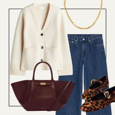 Collage of cardigan, jeans, ballet flats, bag, necklace