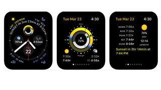 Skjermbilder fra appen Sundial Solar & Lunar Time på Apple Watch.