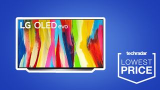 The LG C2 Oled on a blue background with the TechRadar logo