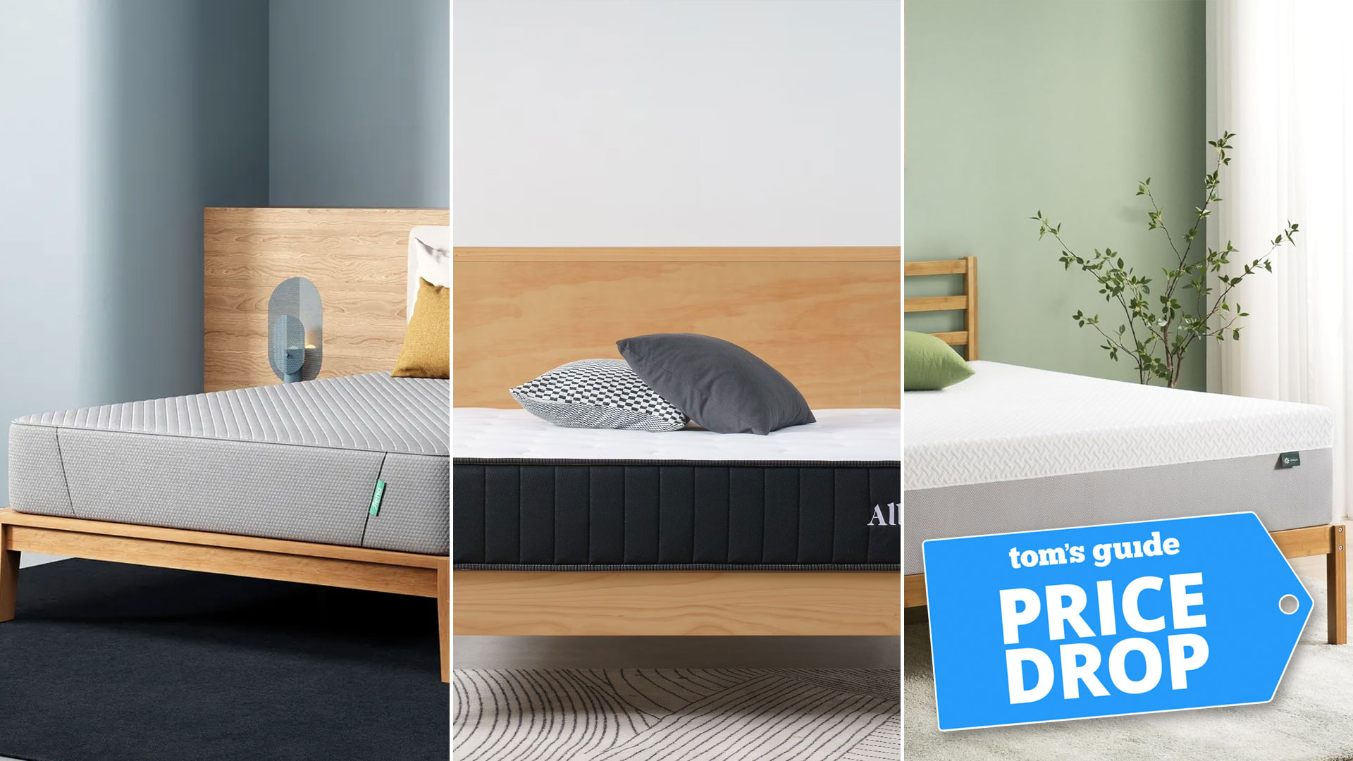 Composite image of the Siena Signature Memory Foam, Allswell Hybrid and Zinus Green Tea Memory Foam mattresses, with a Tom's Guide badge overlaid saying "PRICE DROP"