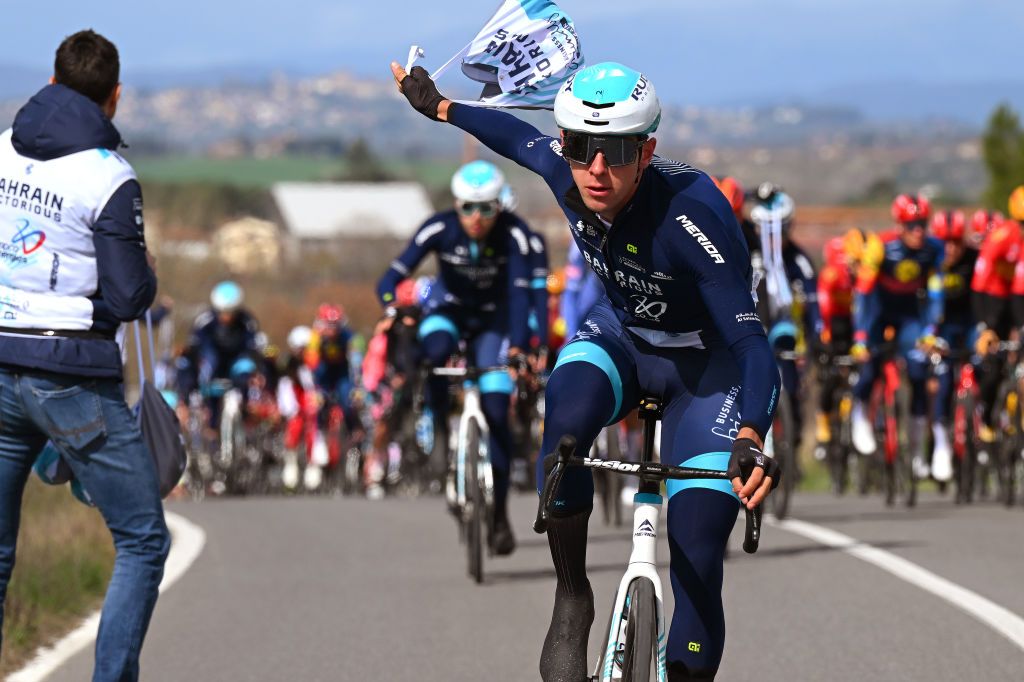 GUALDO TADINO ITALY MARCH 06 Antonio Tiberi of Italy and Team Bahrain Victorious picks a food bag at the feed zone during the 59th TirrenoAdriatico 2024 Stage 3 a 225km stage from Volterra to Gualdo Tadino 527m UCIWT on March 06 2024 in Gualdo Tadino Italy Photo by Tim de WaeleGetty Images