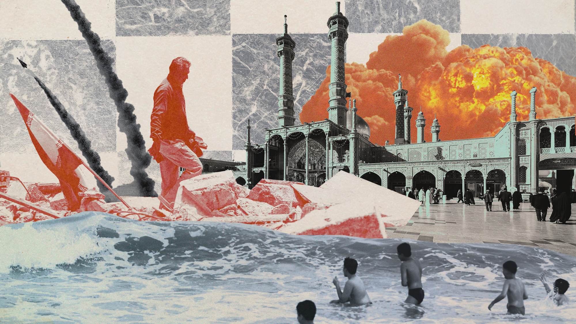 Photo collage of the Hazrat-e Masumeh shrine, a man walking over the rubble of a primary school, children playing in the sea, explosions and missiles