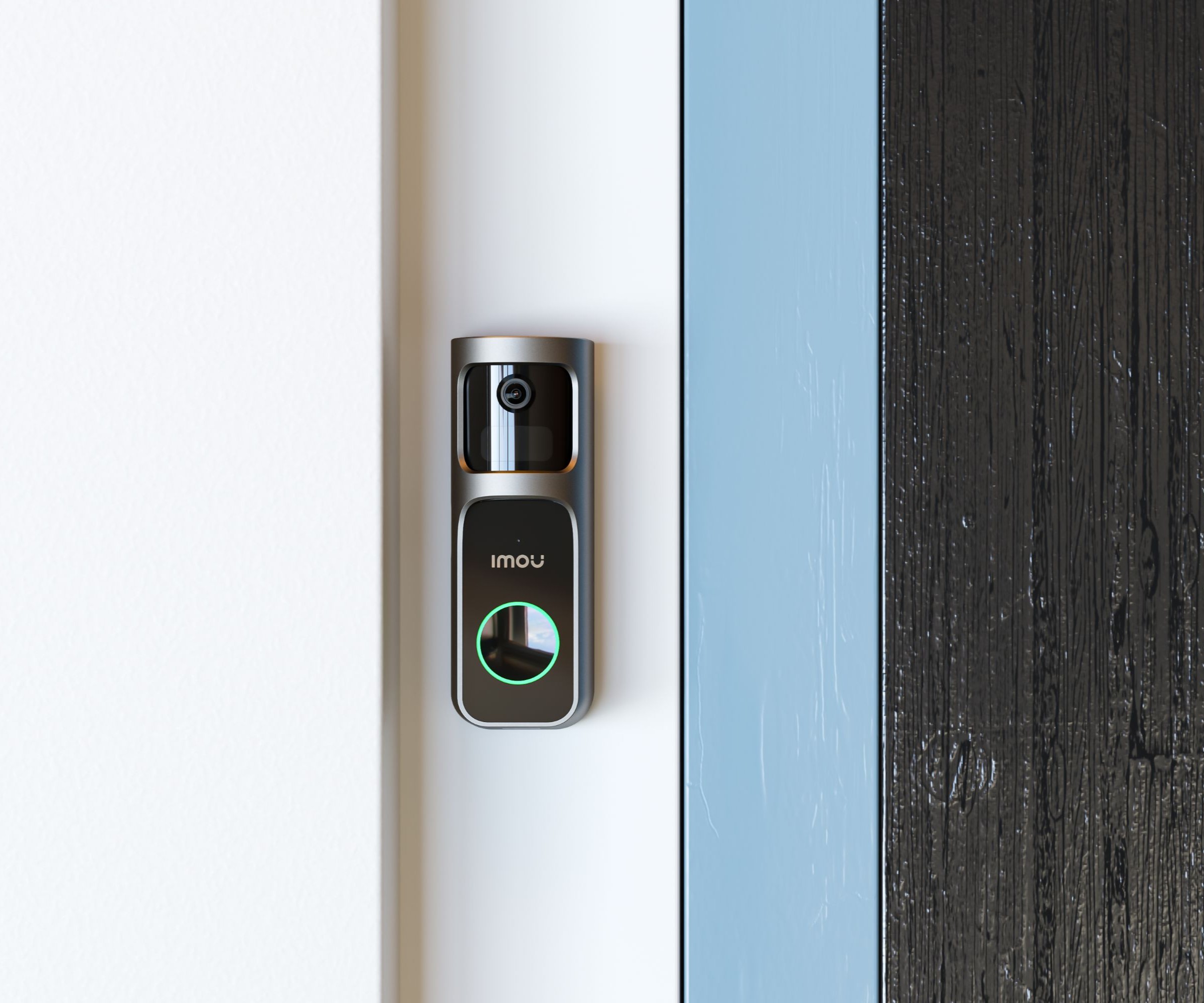A doorbell camera on a white door frame