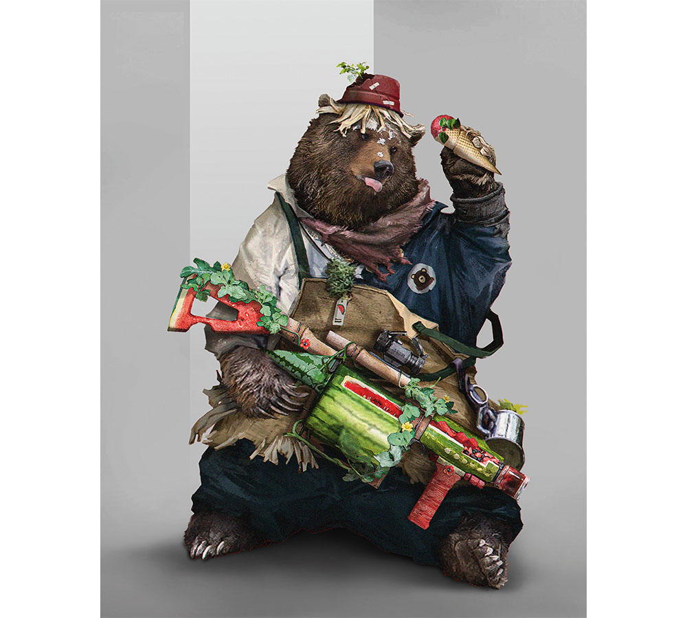 Character art concept showing an animal holding a weapon made from vegetables