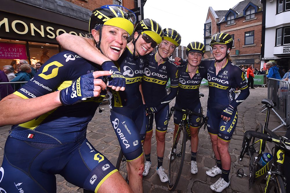 Orica Scott celebrate Sarah Roy's win on stage 4 at the Women's Tour