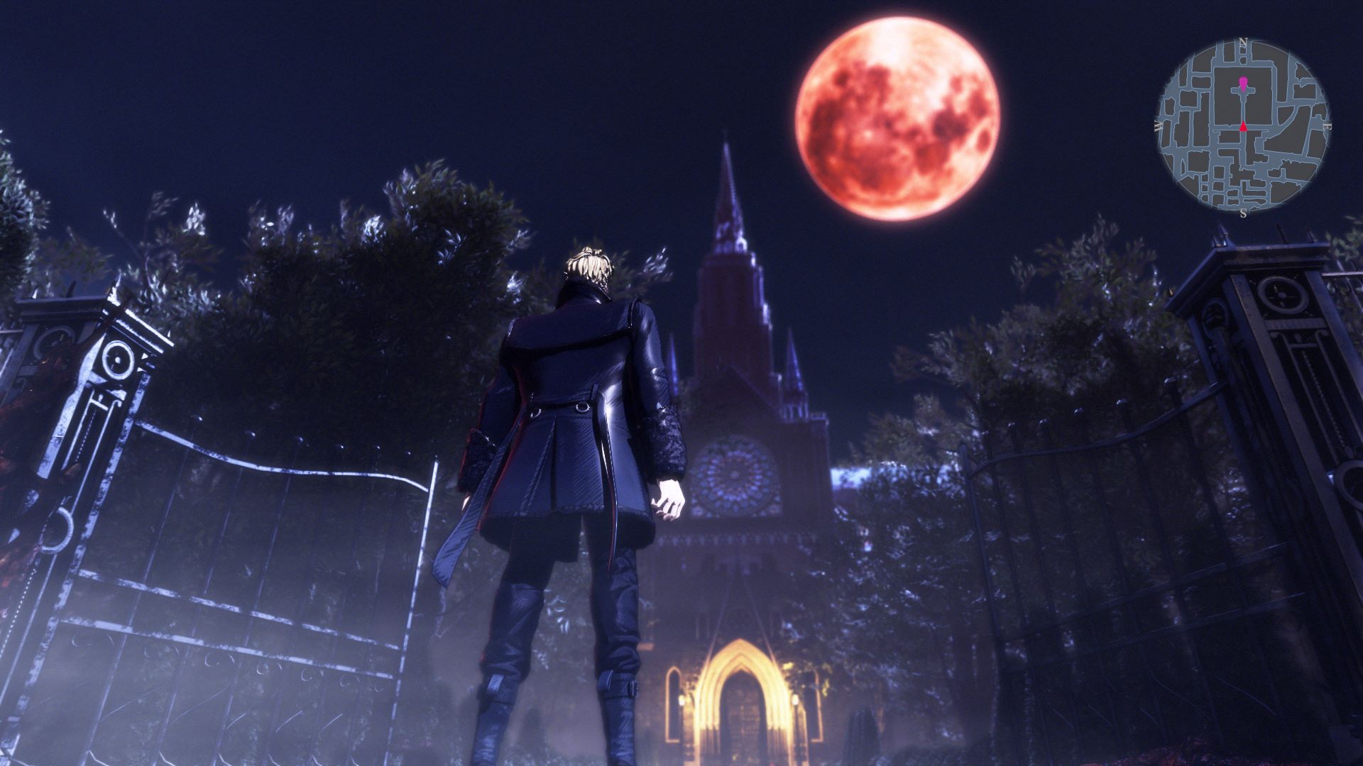 Screenshot from Penny Blood, showing a third-person view of a black-dressed protagonist staring up at a red moon, darkened sky, and ominous chapel in the night. There&#039;s also a mini-map in the top-right corner.