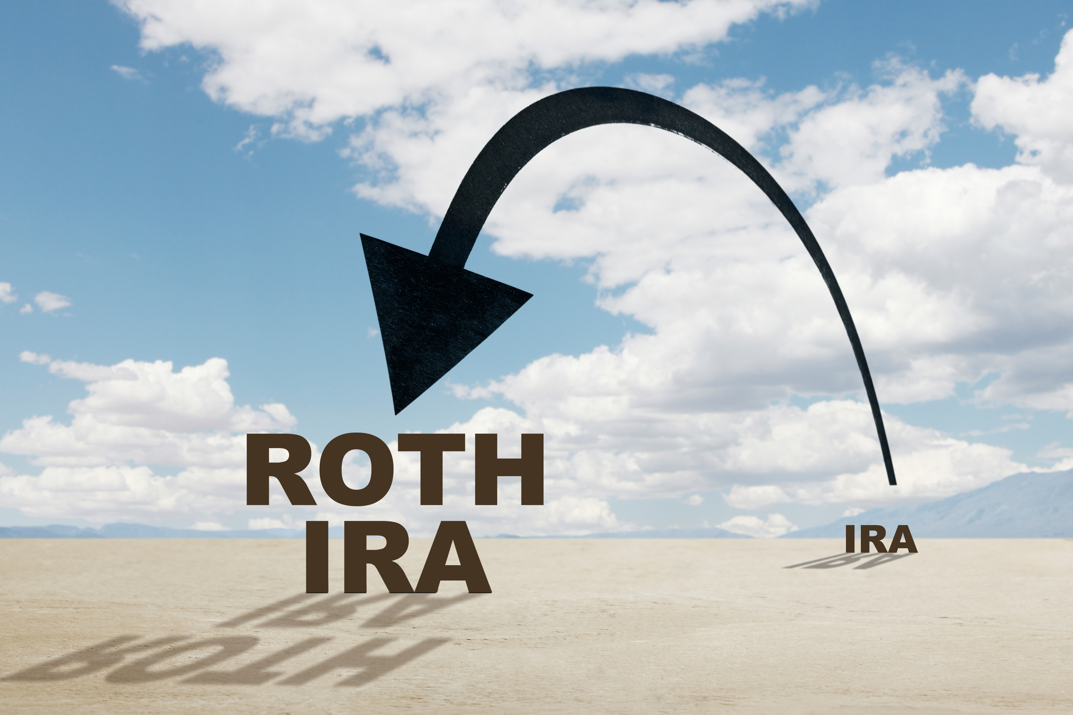 &quot;IRA&quot; letters with an arrow connecting them to &quot;Roth IRA&quot;
