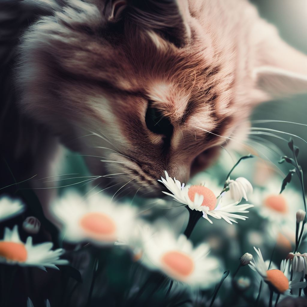 AI generated image of cat picking daisies.