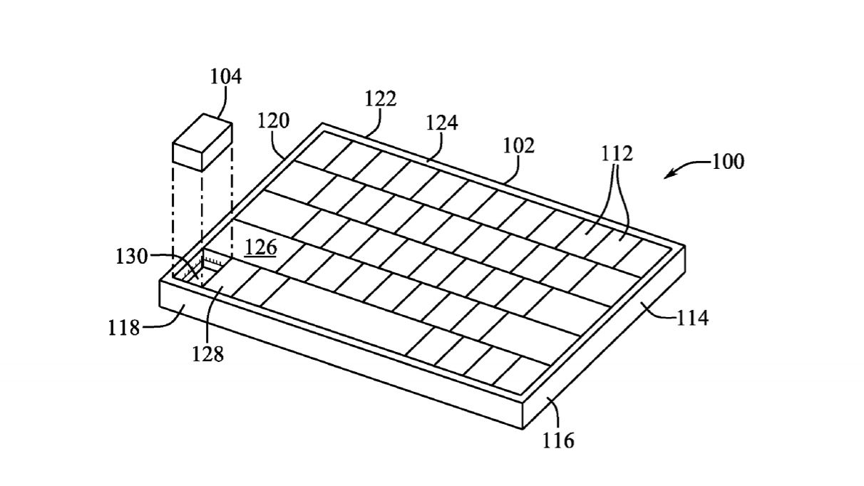 Technical drawings of Apple's proposed removeable mouse deployed from a laptop keyboard