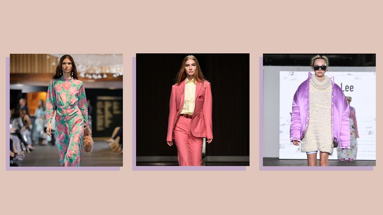 collage of three catwalk images showing models modelling 2021 clothing trends