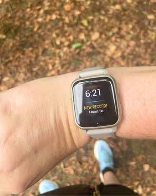 Jadie's Garmin watch after completing her Big Half 5km relay leg in a record time