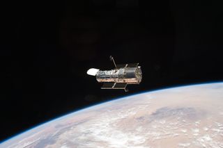 A view of the Hubble Space Telescope in orbit.