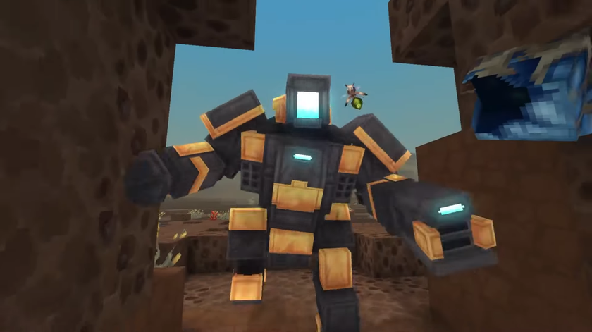 An orange and black mech with a blue visor runs toward the screen in Hytale.