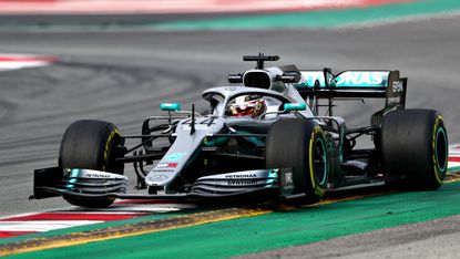 Lewis Hamilton drives the Mercedes W10 during pre-season testing in Barcelona