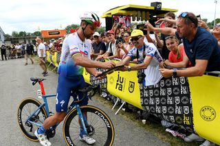 MOIRANS-EN-MONTAGNE, FRANCE - JULY 21: Peter Sagan of Slovakia and Team TotalEnergies meets the fans at start prior to the stage nineteen of the 110th Tour de France 2023 a 172.8km stage from Moirans-en-Montagne to Poligny / #UCIWT / on July 21, 2023 in Moirans-en-Montagne , France. (Photo by Tim de Waele/Getty Images)