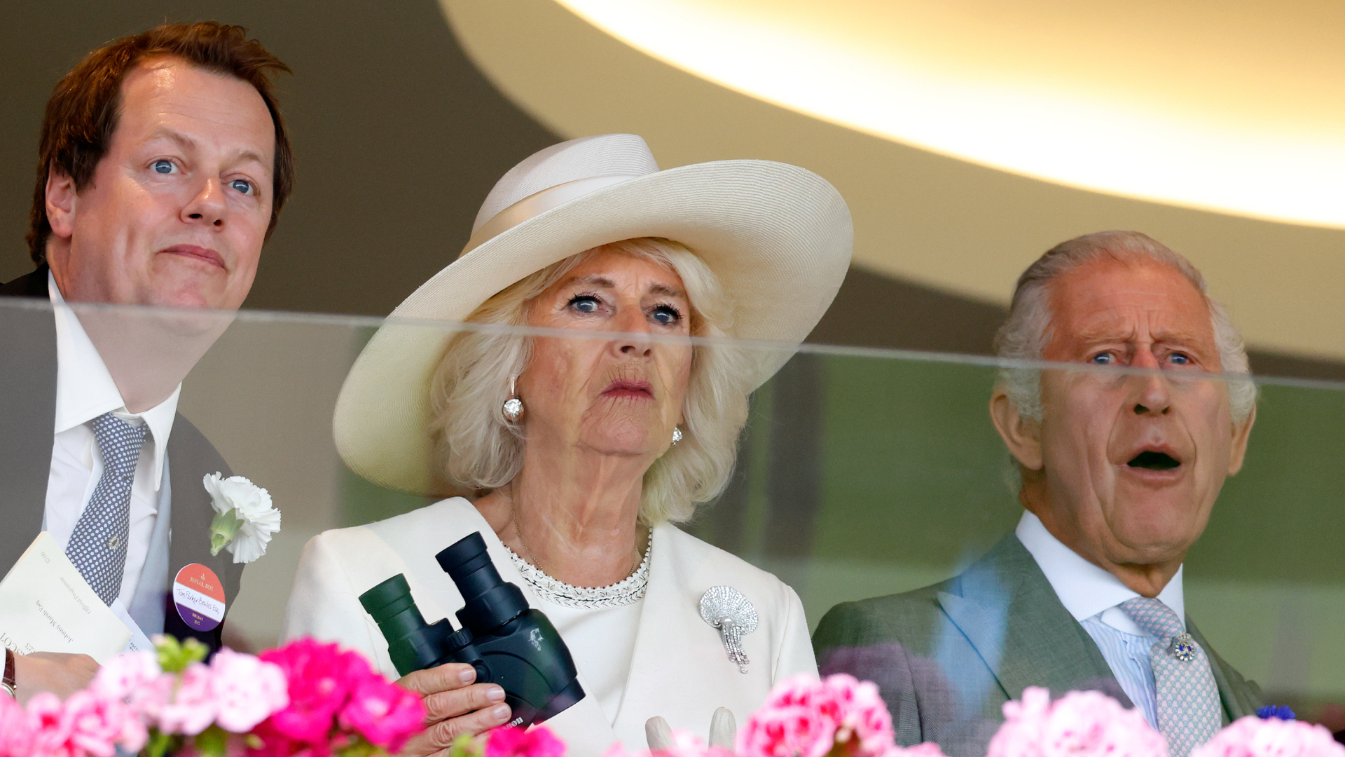 Tom Parker Bowles, his mom Queen Camilla, and King Charles look shocked while attending Ascot
