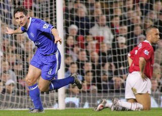 Frank Lampard celebrates after scoring for Chelsea against Manchester United in January 2005.