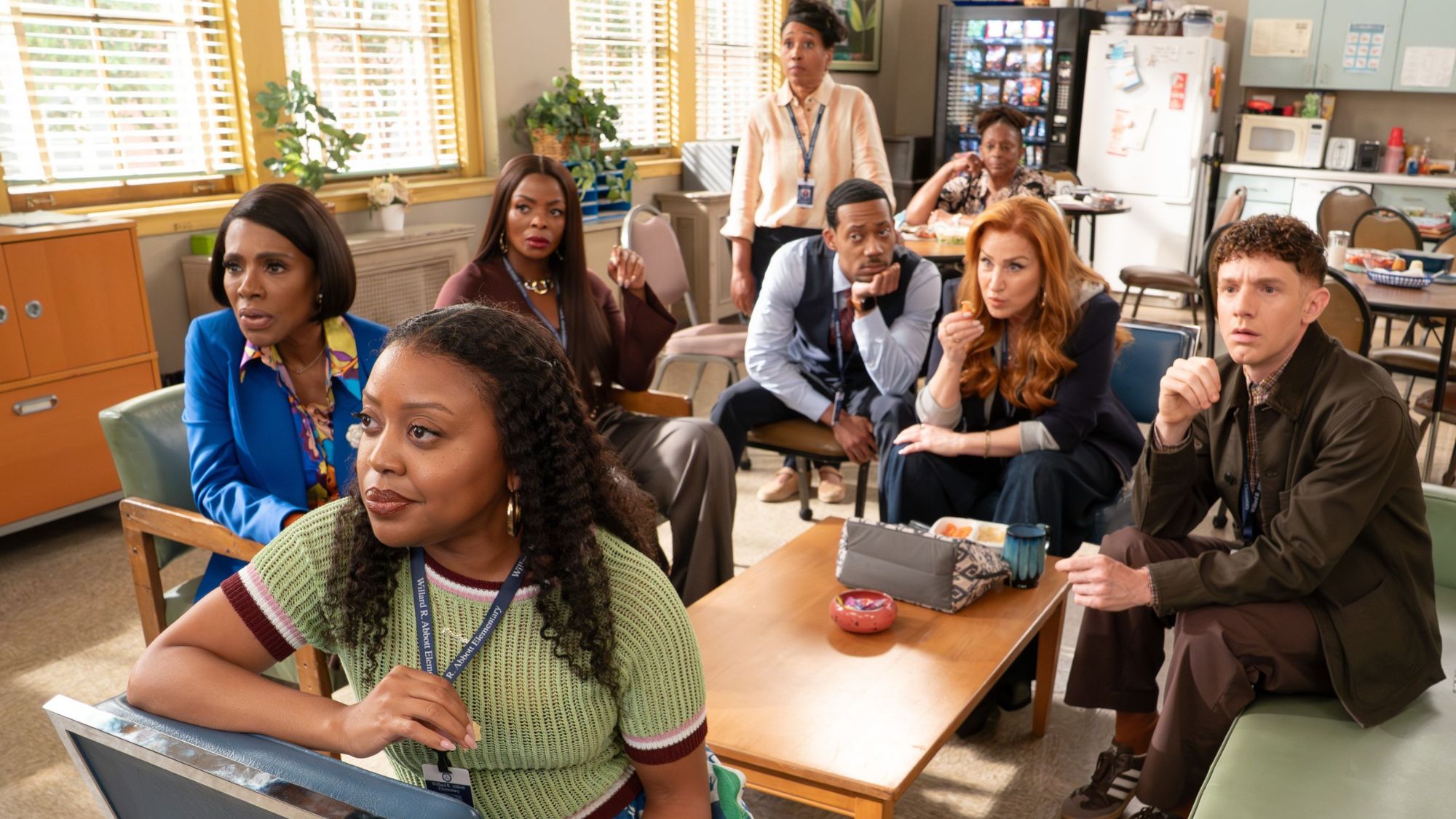 The Season 6 Cast of Abbott Elementary in the break room together 
