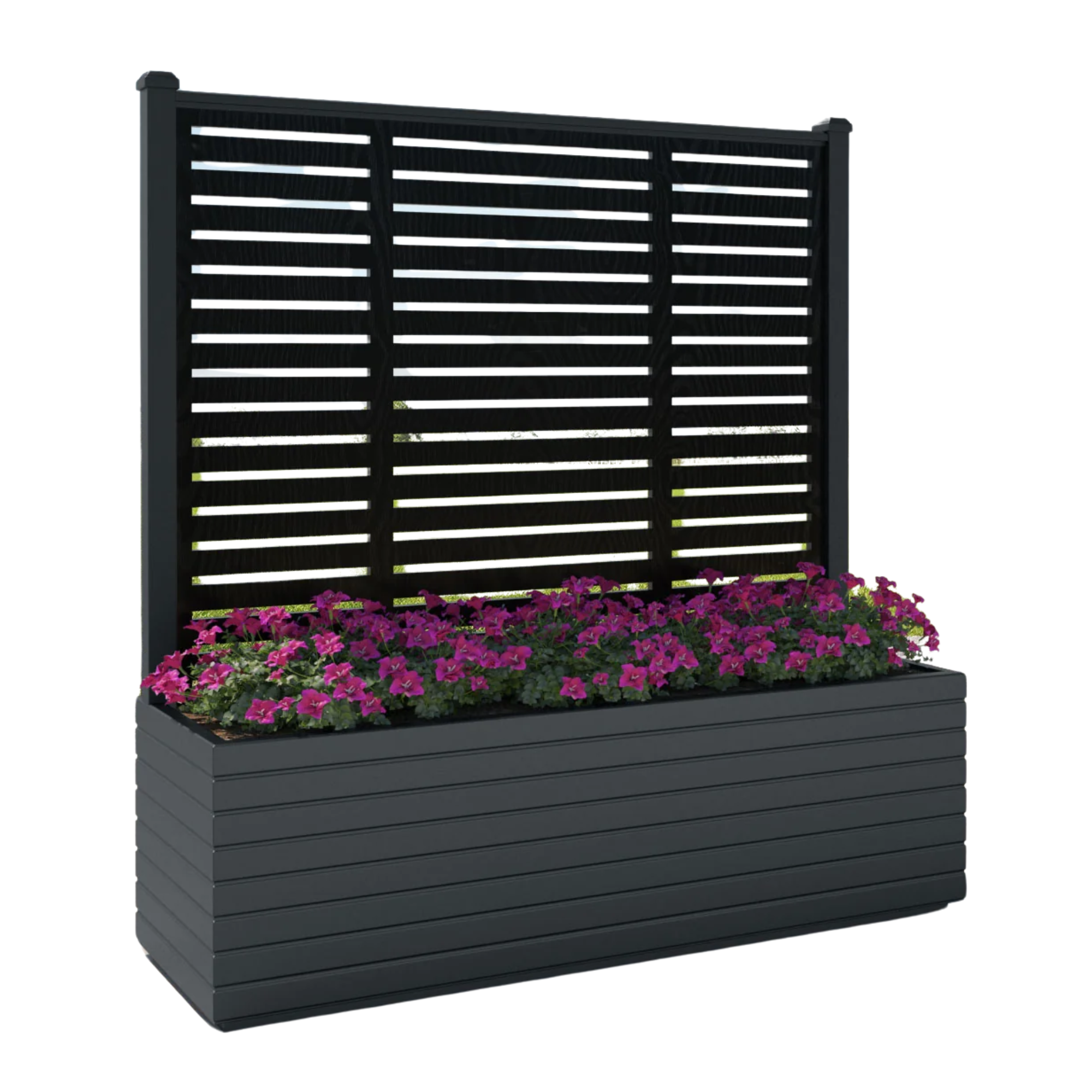 black privacy screen with planters