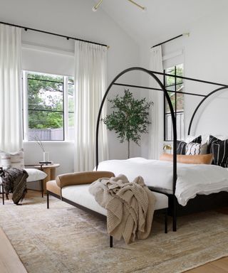 sticking to budget, large metal bed four poster style but curved, large rug, white walls and drapes, tree, neutral accessories