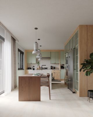 A kitchen dining room featuring white laminate floors