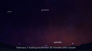 Jupiter is the only naked-eye planet in the sky after sunset in February.