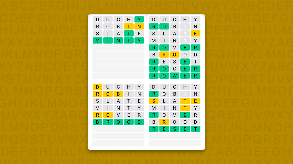 Quordle answers for game 1718 on a yellow background