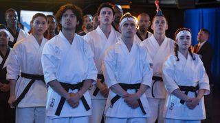 Oona O’Brien as Devon, Xolo Maridueña as Miguel Diaz, Gianni DeCenzo as Demetri, Jacob Bertrand as Eli 'Hawk' Moskowitz, Mary Mouser as Samantha LaRusso in Cobra Kai