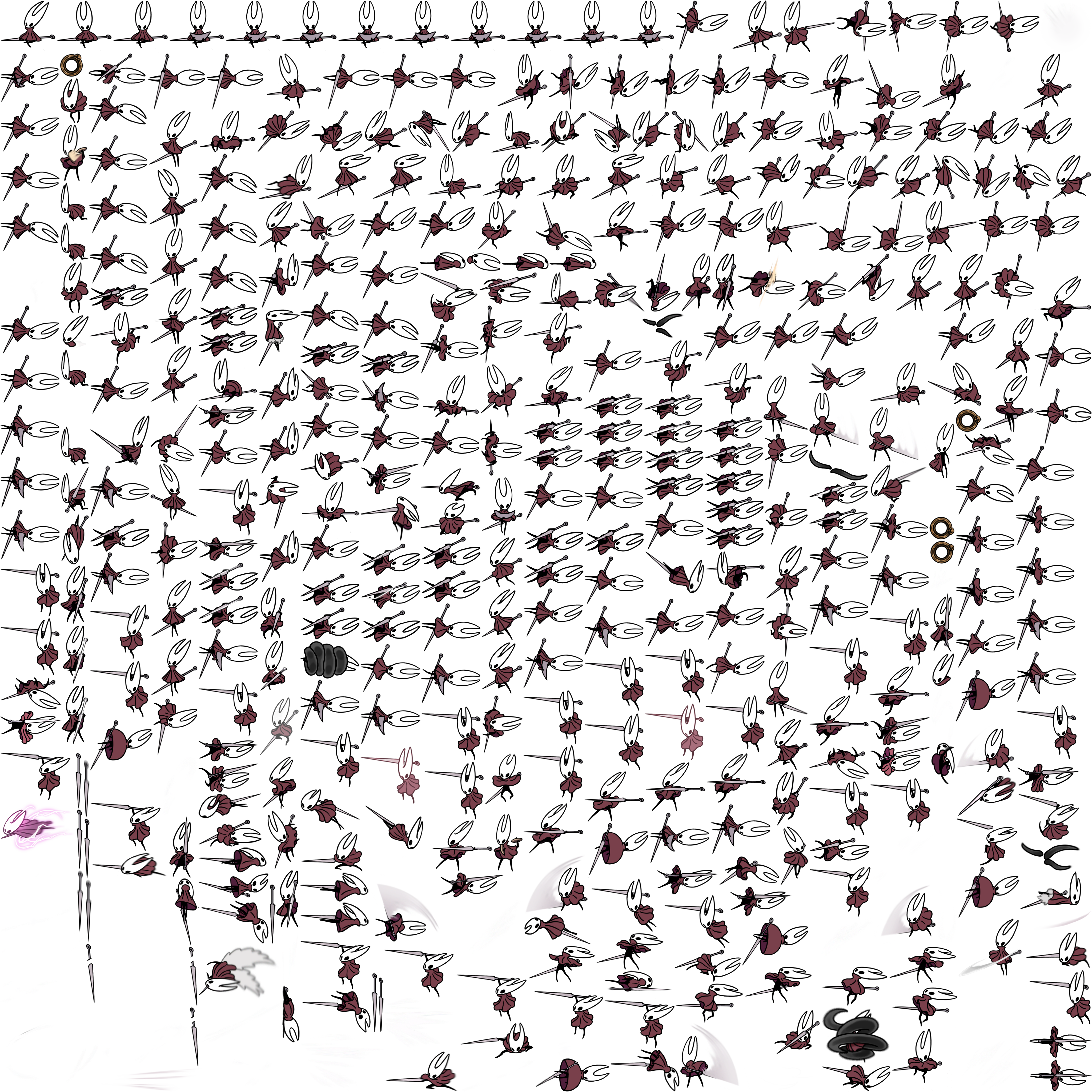 A sprite sheet of various Hornet poses from Hollow Knight: Silksong.