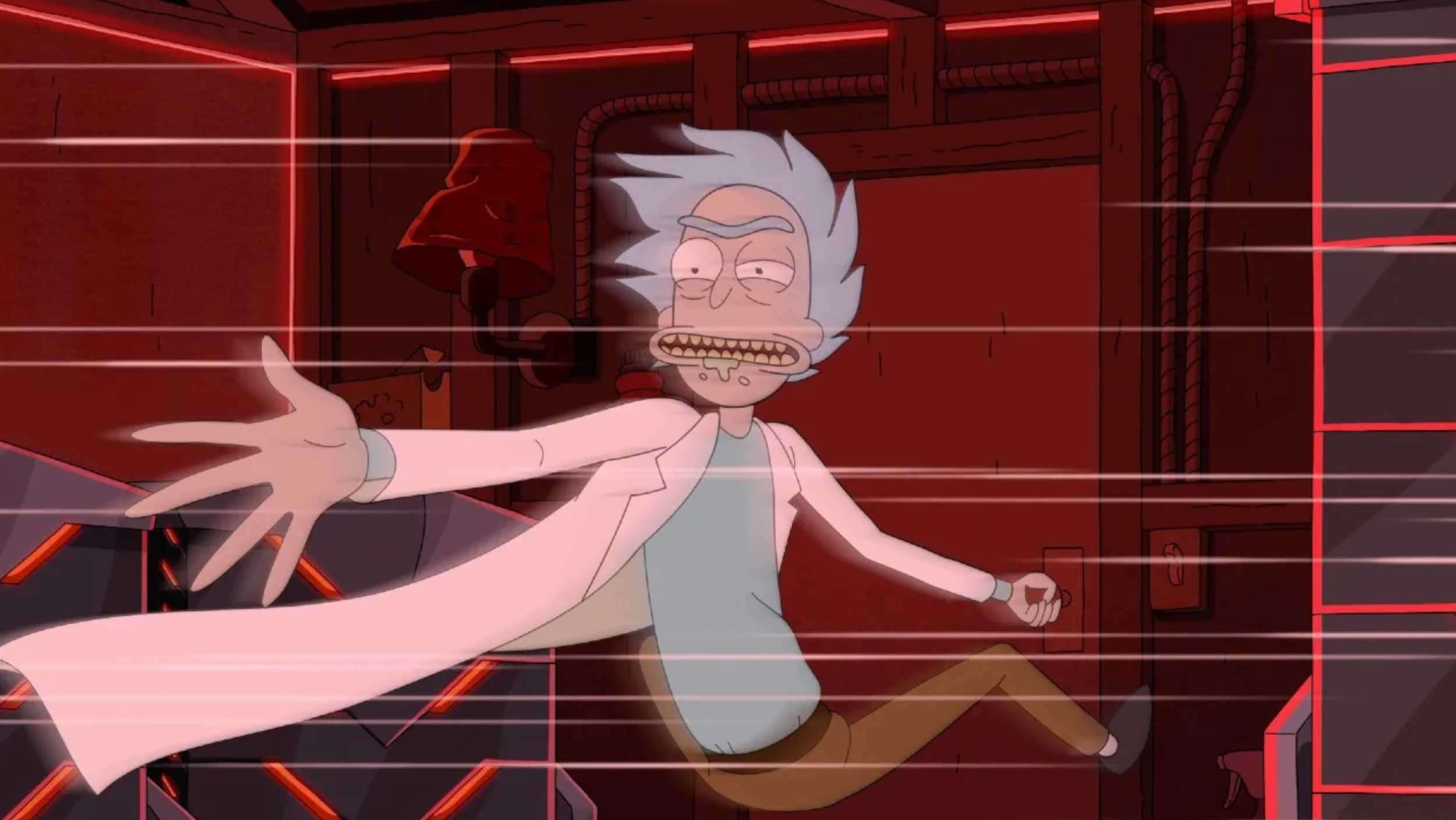 Rick traveling through time in a new still from season 9 of Rick &amp; Morty