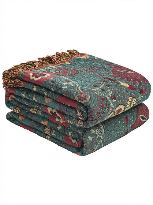 Bohemian Style Cotton Bed Throw with Dark Green Anemone Flower Pattern & Tassel Design