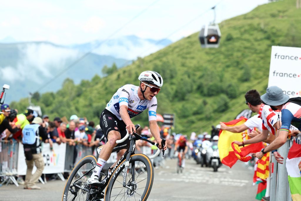Belgian Remco Evenepoel of Soudal Quick-Step pictured in action during stage 14 of the 2024 Tour de France cycling race, from Pau to Saint-Lary-Soulan Pla d'Adet, France (151,9 km), on Saturday 13 July 2024. The 111th edition of the Tour de France starts on Saturday 29 June and will finish in Nice, France on 21 July.
BELGA PHOTO DAVID PINTENS (Photo by DAVID PINTENS / BELGA MAG / Belga via AFP)