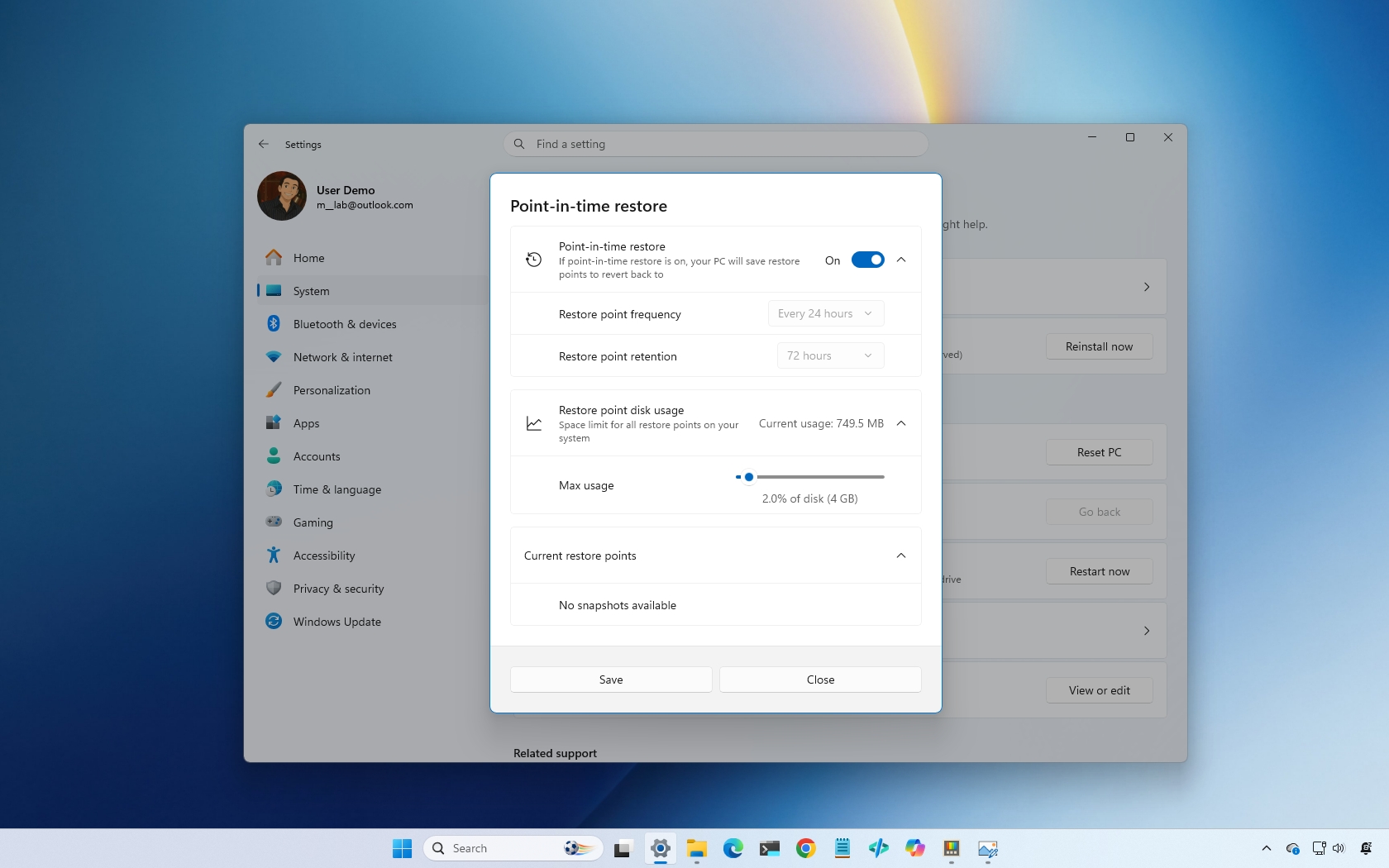 Windows 11 desktop showing the Point-in-time Restore settings.