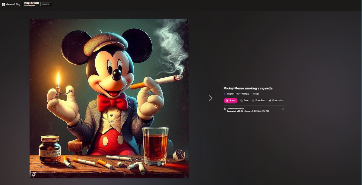 Mickey Mouse Smoking, Generated by Bing