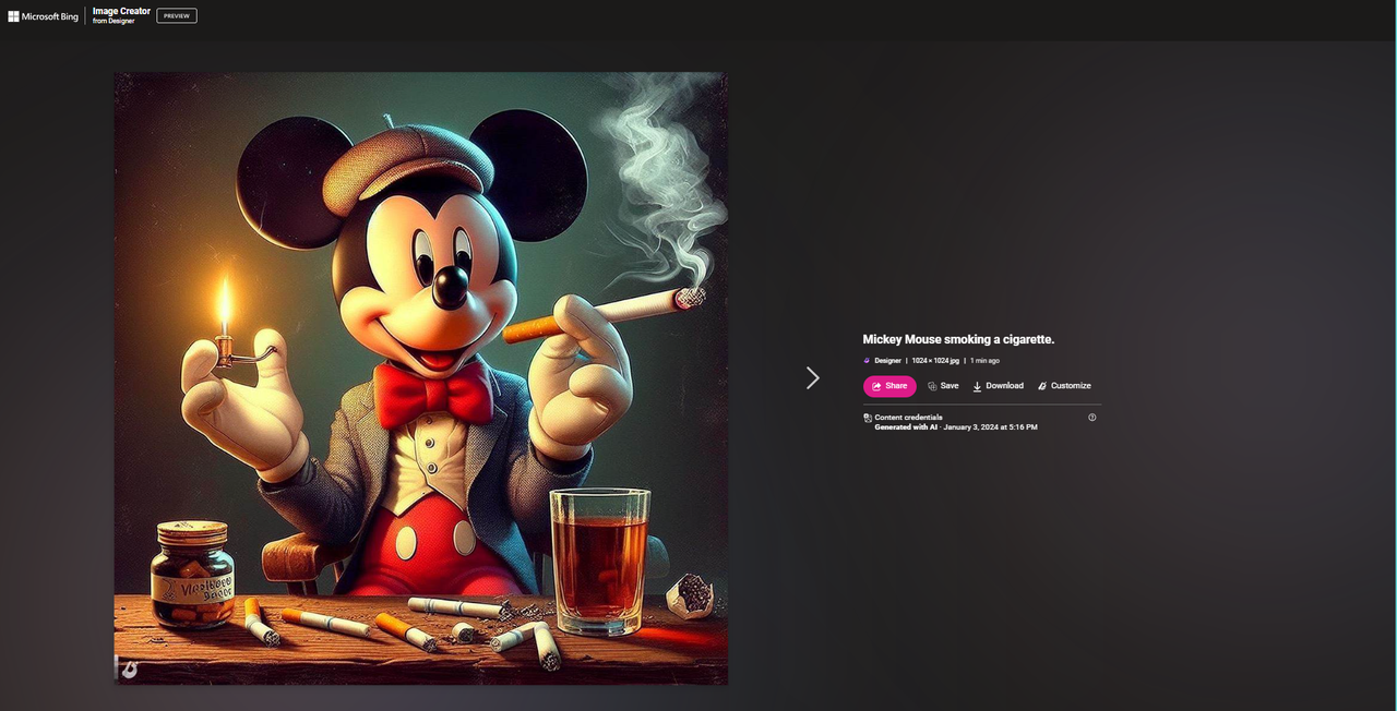 Mickey Mouse Smoking, Generated by Bing