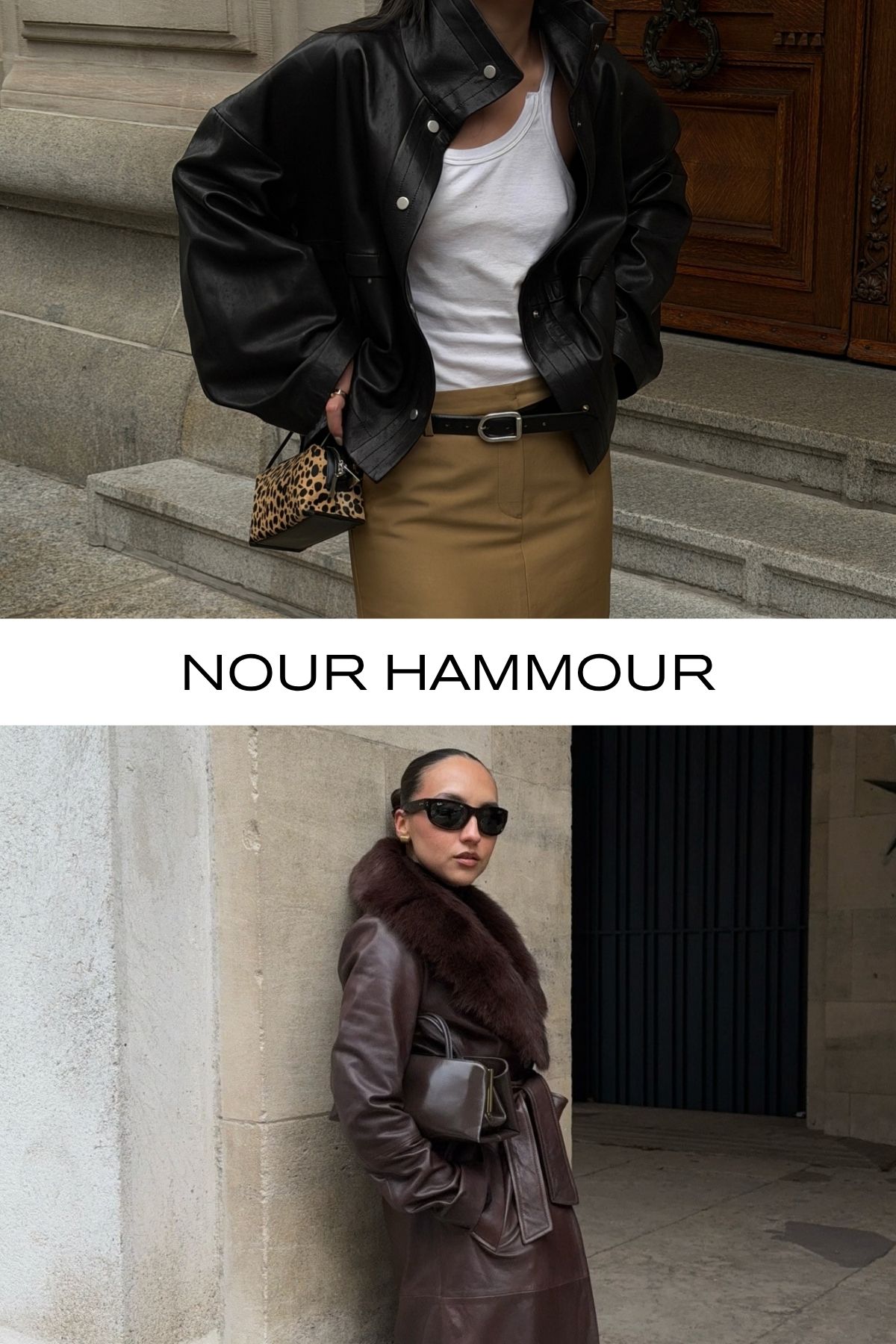 Woman wears black leather jacket, white top, beige skirt; Woman wears burgundy leather jacket with faux fur trim