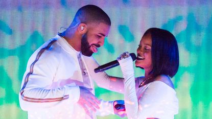 Drake and Rihanna in white outfits