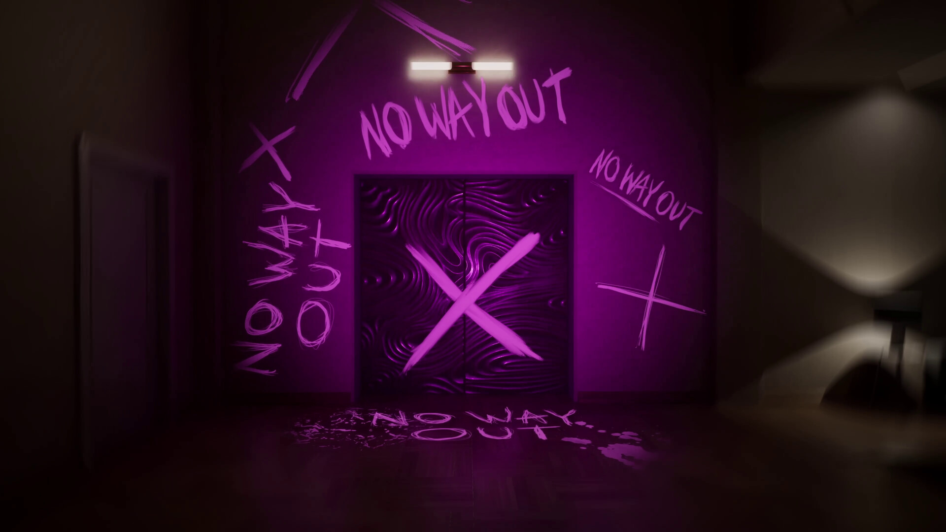 Dead Take screenshot of a locked door illuminated by a purple UV torch to reveal hidden messages written around it