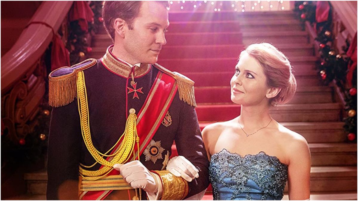 Rose McIver as Amber Eve Moore and Ben Lamb as Prince Richard Bevan Charlton in the Netflix Christmas movie, A Christmas Prince.