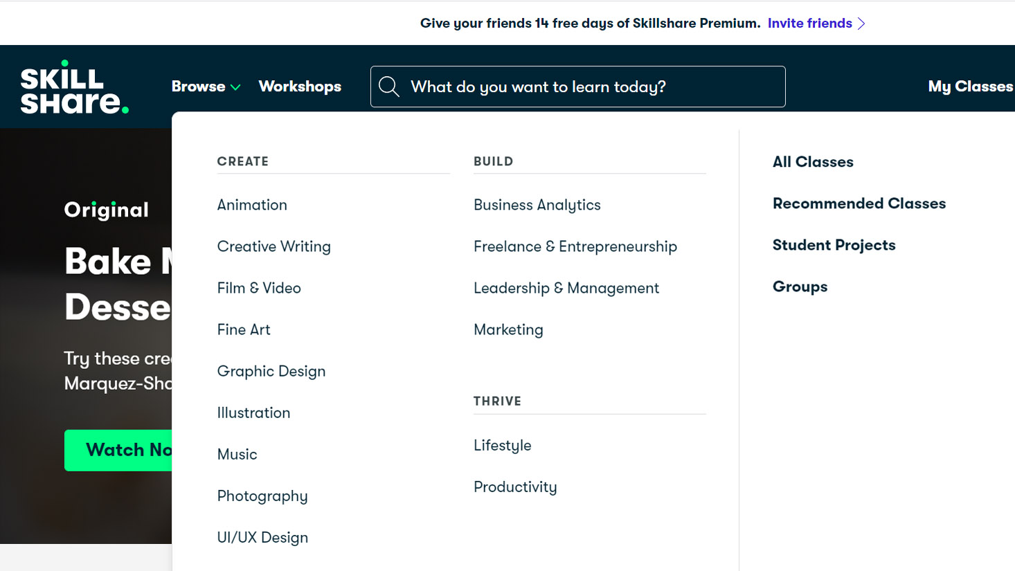 Skillshare vs Udemy: Screenshot of course categories